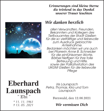 Traueranzeige von Eberhard Launspach von Giessener Allgemeine, Alsfelder Allgemeine, Wetterauer Zeitung