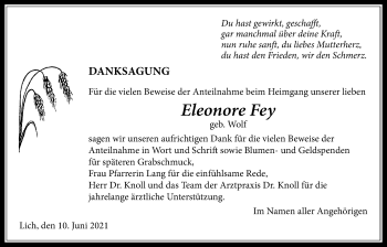 Traueranzeige von Eleonore Fey von Licher Wochenblatt