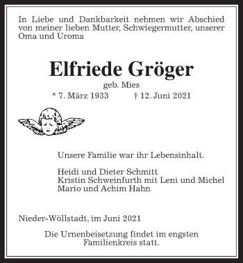 Traueranzeige von Elfriede Gröger von Wetterauer Zeitung
