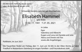 Traueranzeige von Elisabeth Hammel von Pohlheimer Nachrichten