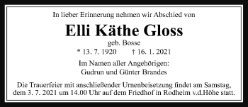 Traueranzeige von Elli Käthe Gloss von Wetterauer Zeitung