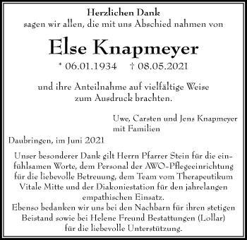 Traueranzeige von Else Knapmeyer von Giessener Allgemeine, Alsfelder Allgemeine