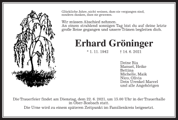 Traueranzeige von Erhard Gröninger von Wetterauer Zeitung