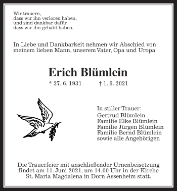 Traueranzeige von Erich Blümlein von Wetterauer Zeitung