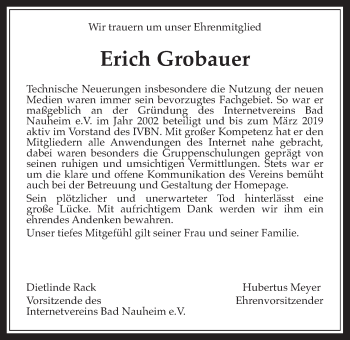 Traueranzeige von Erich Grobauer von Wetterauer Zeitung
