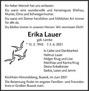 Traueranzeige von Erika Lauer von Giessener Allgemeine, Alsfelder Allgemeine