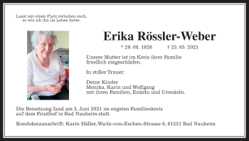 Traueranzeige von Erika Rössler-Weber von Wetterauer Zeitung