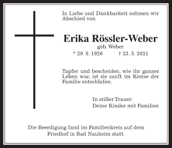 Traueranzeige von Erika Rössler-Weber von Wetterauer Zeitung