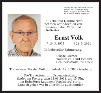 Traueranzeige von Ernst Völk von Giessener Allgemeine, Alsfelder Allgemeine
