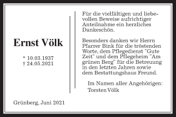 Traueranzeige von Ernst Völk von Giessener Allgemeine, Alsfelder Allgemeine