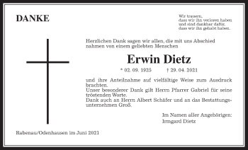 Traueranzeige von Erwin Dietz von Giessener Allgemeine, Alsfelder Allgemeine, Wetterauer Zeitung, Rabenauer Zeitung