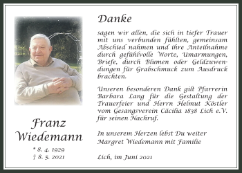Traueranzeige von Franz Wiedemann von Licher Wochenblatt