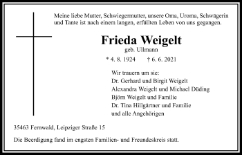 Traueranzeige von Frieda Weigelt von Giessener Allgemeine, Alsfelder Allgemeine