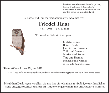 Traueranzeige von Friedel Haas von Giessener Allgemeine, Alsfelder Allgemeine