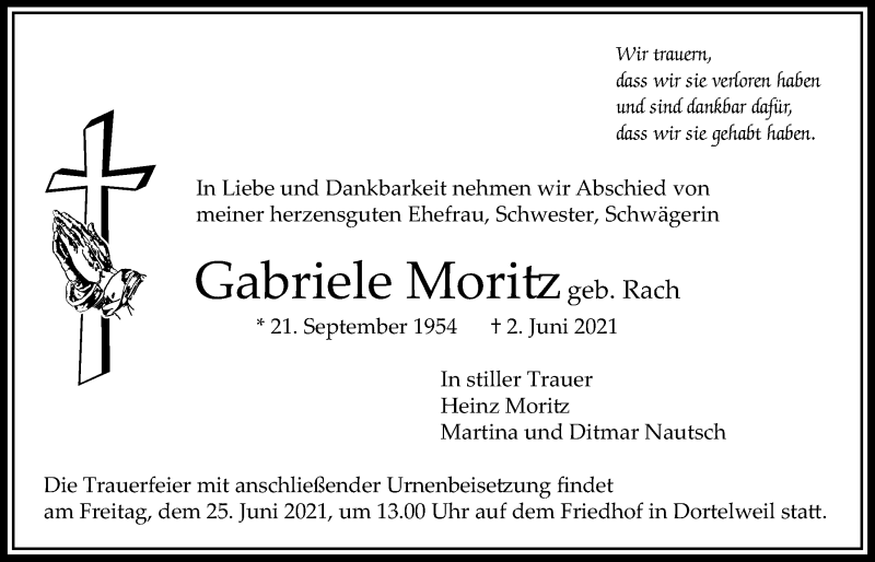  Traueranzeige für Gabriele Moritz vom 10.06.2021 aus Bad Vilbel/Karben