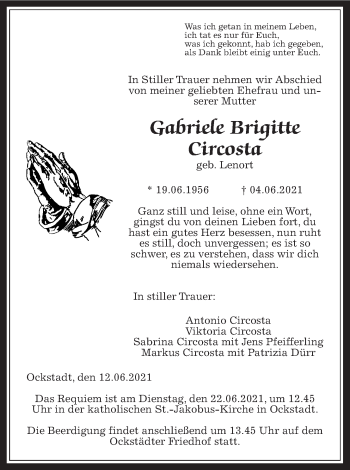 Traueranzeige von Gabriele Brigitte Circosta von Wetterauer Zeitung