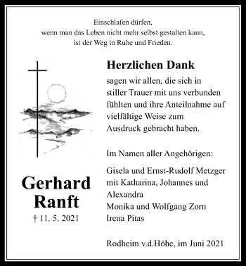 Traueranzeige von Gerhard Ranft von Wetterauer Zeitung