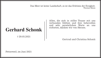 Traueranzeige von Gerhard Schonk von Wetterauer Zeitung