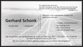 Traueranzeige von Gerhard Schonk von Giessener Allgemeine, Alsfelder Allgemeine