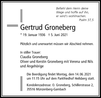 Traueranzeige von Gertrud Groneberg von Bad Vilbel/Karben