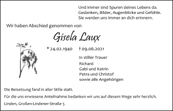 Traueranzeige von Gisela Laux von Giessener Allgemeine, Alsfelder Allgemeine