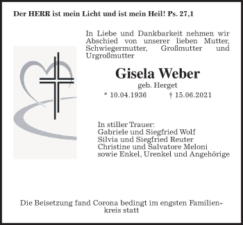 Traueranzeige von Gisela Weber von Wetterauer Zeitung