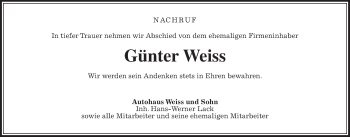 Traueranzeige von Günter Weiss von Giessener Allgemeine, Alsfelder Allgemeine