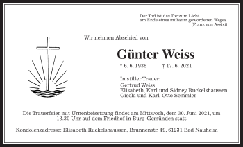 Traueranzeige von Günter Weiss von Giessener Allgemeine, Alsfelder Allgemeine