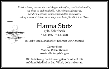 Traueranzeige von Hanna Stotz von Bad Vilbel/Karben