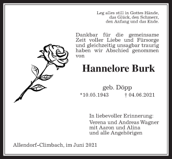 Traueranzeige von Hannelore Burk von Giessener Allgemeine, Alsfelder Allgemeine