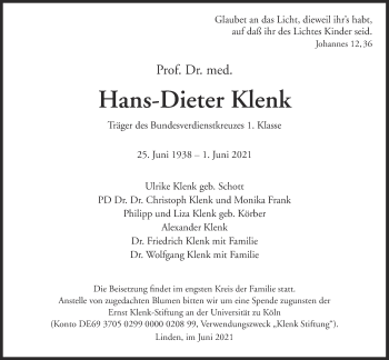 Traueranzeige von Hans-Dieter Klenk von Giessener Allgemeine, Alsfelder Allgemeine