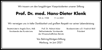 Traueranzeige von Hans-Dieter Klenk von Giessener Allgemeine, Alsfelder Allgemeine