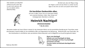 Traueranzeige von Heinrich Nachtigall von Giessener Allgemeine, Alsfelder Allgemeine, Rabenauer Zeitung