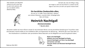 Traueranzeige von Heinrich Nachtigall von Giessener Allgemeine, Alsfelder Allgemeine