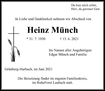 Traueranzeige von Heinz Münch von Heimatzeitung Grünberg + Laubach