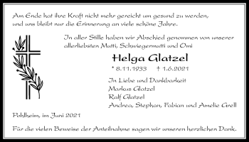 Traueranzeige von Helga Glatzel von Licher Wochenblatt