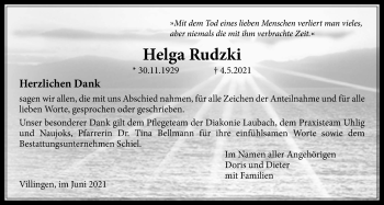 Traueranzeige von Helga Rudzki von Licher Wochenblatt