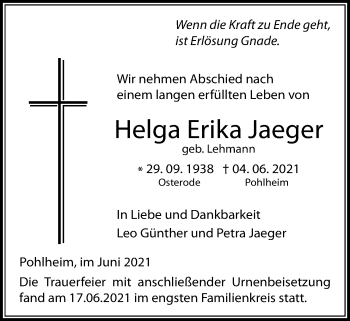 Traueranzeige von Helga Erika Jaeger von Pohlheimer Nachrichten
