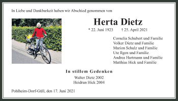 Traueranzeige von Herta Dietz von Pohlheimer Nachrichten