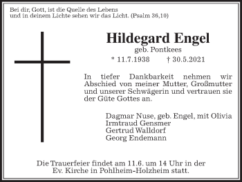 Traueranzeige von Hildegard Engel von Pohlheimer Nachrichten