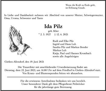 Traueranzeige von Ida Pilz von Giessener Allgemeine, Alsfelder Allgemeine