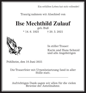 Traueranzeige von Ilse Mechthild Zulauf von Pohlheimer Nachrichten
