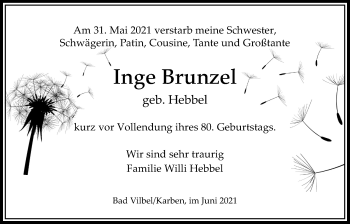 Traueranzeige von Inge Brunzel von Bad Vilbel/Karben