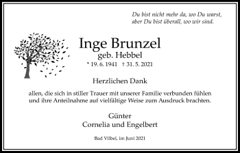 Traueranzeige von Inge Brunzel von Bad Vilbel/Karben