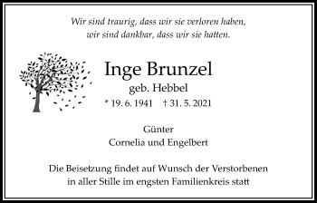 Traueranzeige von Inge Brunzel von Bad Vilbel/Karben