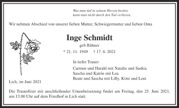 Traueranzeige von Inge Schmidt von Licher Wochenblatt
