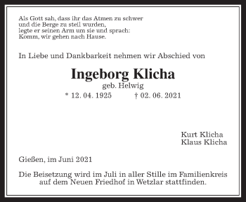 Traueranzeige von Ingeborg Klicha von Giessener Allgemeine, Alsfelder Allgemeine
