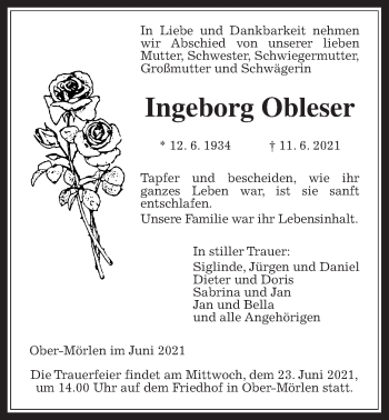 Traueranzeige von Ingeborg Obleser von Wetterauer Zeitung
