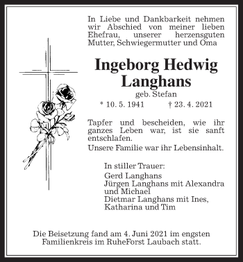 Traueranzeige von Ingeborg Hedwig Langhans von Wetterauer Zeitung