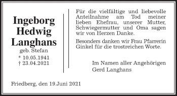 Traueranzeige von Ingeborg Hedwig Langhans von Wetterauer Zeitung
